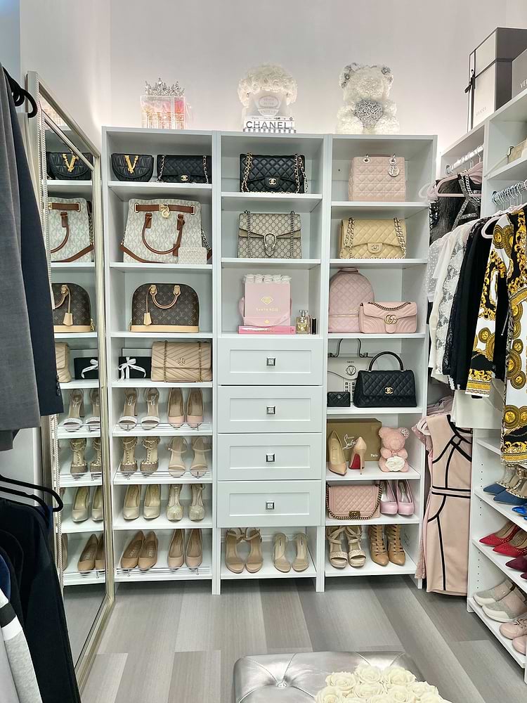 Customer photo of installed, fashionista-style, white, floor-length Vista closet