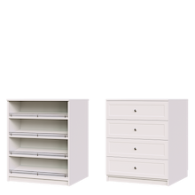 White shaker closet island with shaker drawers and slanted shoe shelves for shoe and clothing storage.