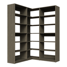 Grey corner closet system, 57.75 inch, featuring adjustable shelves for reach-in or walk-in closets