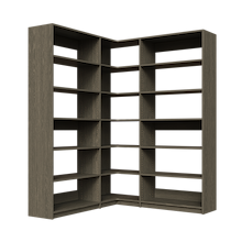 Grey closet organizer, 63.75 inch corner system with open adjustable shelving