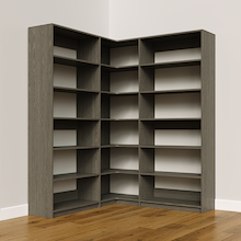 Grey closet organizer, 63.75 inch L-shaped system with open adjustable shelving