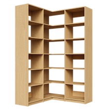 Natural Oak L-shaped closet system, 50.25 inch, featuring adjustable shelves for reach-in or walk-in closets