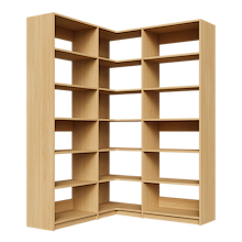 Natural Oak corner closet system, 57.75 inch, featuring adjustable shelves for reach-in or walk-in closets