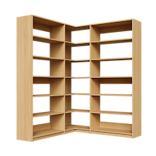 Natural Oak corner closet system, 65.25 inch, featuring adjustable shelves for reach-in or walk-in closets