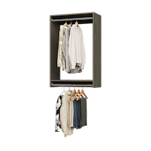 28.5 inch double hanging closet in grey with blazers for uniform storage.