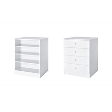 White freestanding closet island with slab drawers and adjustable shelves for double-sided closet storage.
