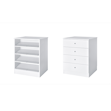White freestanding closet island with slab drawers and slanted shoe shelves for footwear and folded clothing storage.
