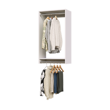 24 inch double hanging closet in white with dresses for formal wear.