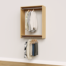 33 inch double hanging closet in natural oak for dressing rooms.