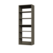 Grey 24 inch shelf tower for organizing folded shirts in a reach-in closet.