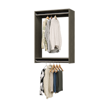 31.5 inch double hanging closet in grey with winter gear for outerwear.