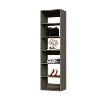 Grey 18 inch closet organizer for folded jeans in a studio apartment.