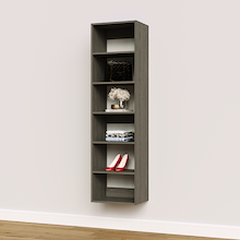 Grey 18 inch shelf tower for handbags in a bedroom wardrobe.