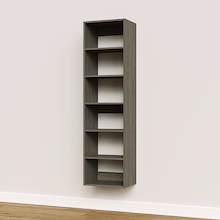 Grey 18 inch shelf tower for stacked storage in a narrow apartment closet.