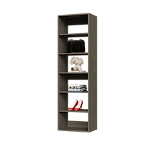 Grey 19.5 inch shelf tower for folded towels in a slim apartment closet.