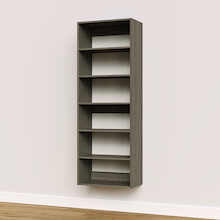 Grey 24 inch shelf tower for upright storage in a bedroom wardrobe.