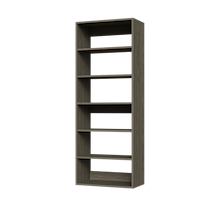 Grey 25.5 inch closet shelving tower for upright storage in a walk-in closet.