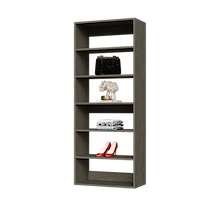 Grey 27 inch closet shelving unit for folded laundry and seasonal clothes.
