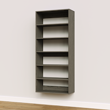 Grey 30 inch shelf tower for large dressing room closets.