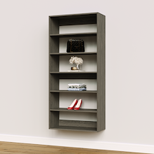 Grey 31.5 inch shelf tower for bulky sweaters and linens.