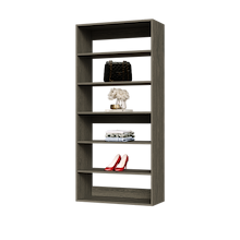Grey 31.5 inch walk-in closet shelving for high-capacity clothing storage.