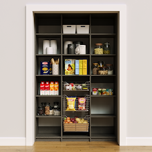 Adjustable 54 inch grey pantry shelves for organizing kitchen dry goods.