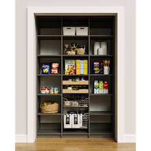 Adjustable 54 inch grey pantry shelves for organizing kitchen dry goods and cans with wood drawers and wire baskets.