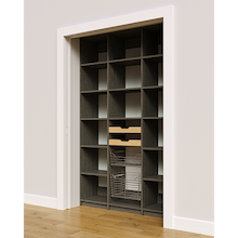 Pantry storage in grey with 54 inch width, two wood drawers, and two pull-out wire baskets.