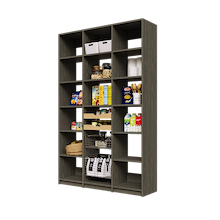 Grey 54 inch pantry shelving with two wood pull-out drawers and two pull-out wire baskets.