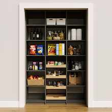 Adjustable 54 inch grey pantry shelves for organizing kitchen dry goods.