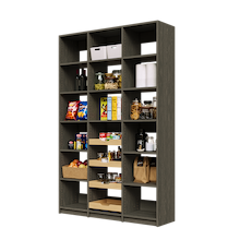 Grey 54 inch pantry shelving with four sliding wood drawers.