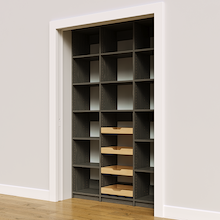 54 inch open pantry storage in grey with four wood drawers.