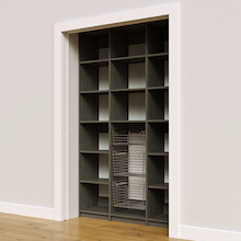 54 inch width kitchen pantry storage in grey with three wire baskets.