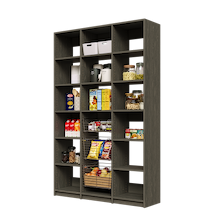 Grey 54 inch pantry shelving with three sliding wire storage baskets.