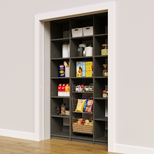 Modern grey 54 inch reach in pantry system for kitchen storage.
