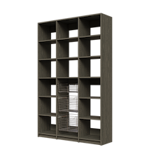 Three wire storage baskets in a 54 inch grey reach in kitchen pantry.
