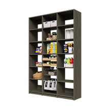 57 inch grey pantry shelving featuring two wood pull-out drawers and two wire pull-out baskets.