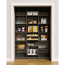 Grey 57 inch pantry storage featuring layered wood drawers and pull-out wire baskets.