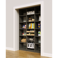 57 inch grey reach in pantry storage unit with two wood drawers and two pull-out wire baskets.