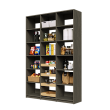 57 inch grey pantry shelving featuring four sliding wood drawers.