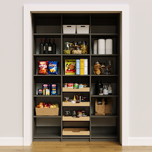 Grey 57 inch pantry storage with four wood pull-out drawers.