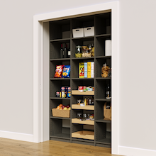 57 inch grey reach in pantry with four wood drawers.
