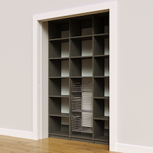 Open pantry racks in grey with 57 inch width and three sliding wire baskets.