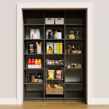 Grey 57 inch pantry storage with adjustable contemporary grey shelves.