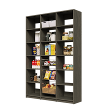57 inch grey kitchen pantry storage featuring three sliding wire baskets.