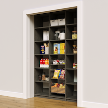 57 inch grey reach in pantry storage unit with three wire baskets.