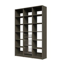 Three sliding baskets featured in 57 inch grey pantry shelving.
