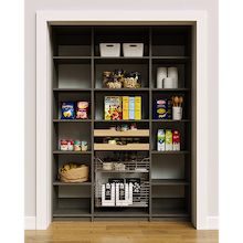 60 inch grey pantry shelf organization featuring the mixed wood drawer and pull-out wire basket combination.