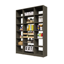 Grey 60 inch pantry shelving with two wood pull-out drawers, two pull-out wire baskets, and adjustable shelving.
