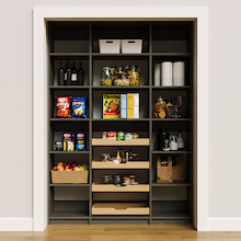 60 inch grey pantry shelf organization for family groceries and snacks.